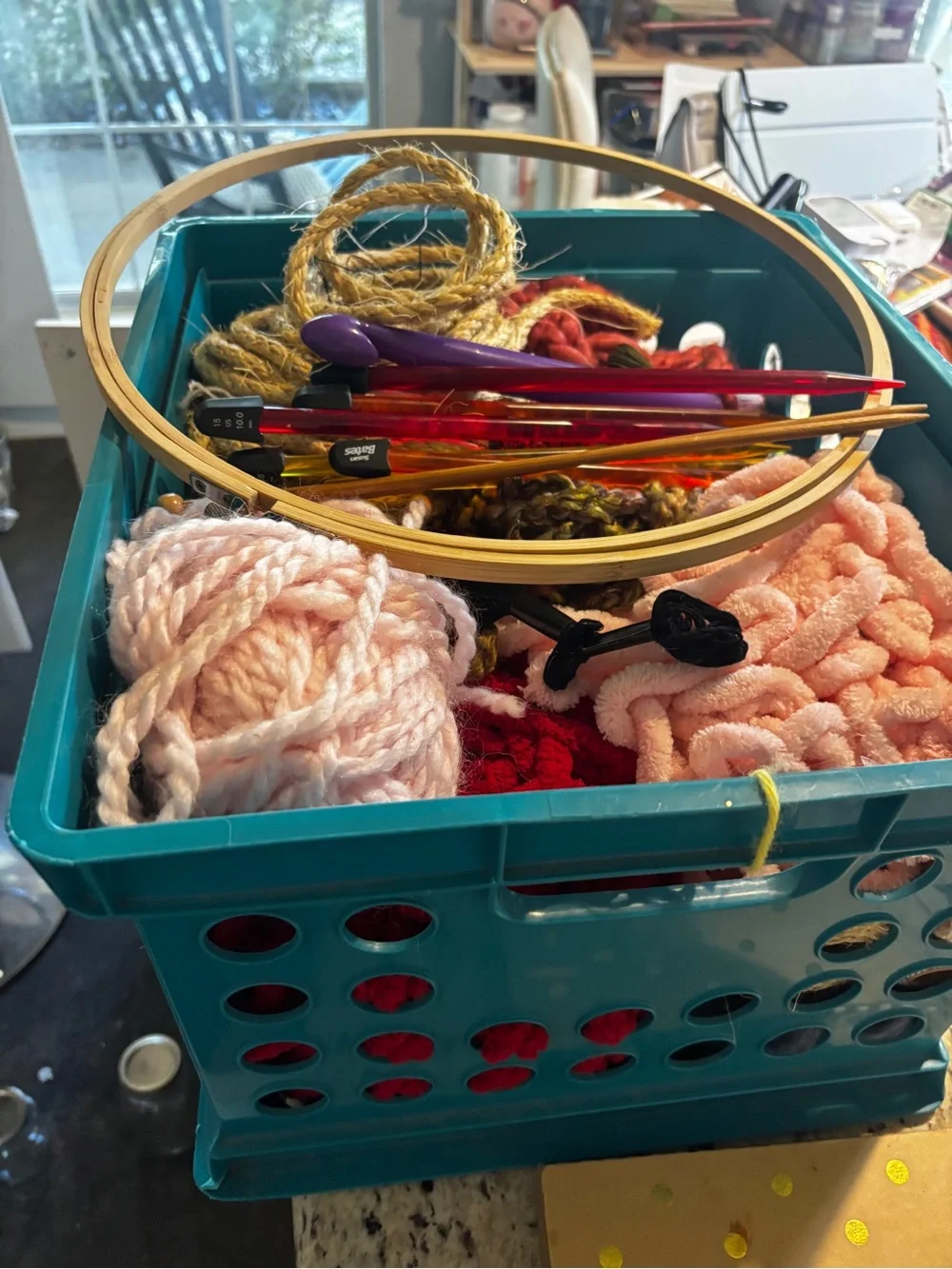 Bin filled with a ton of ribbon and string scraps